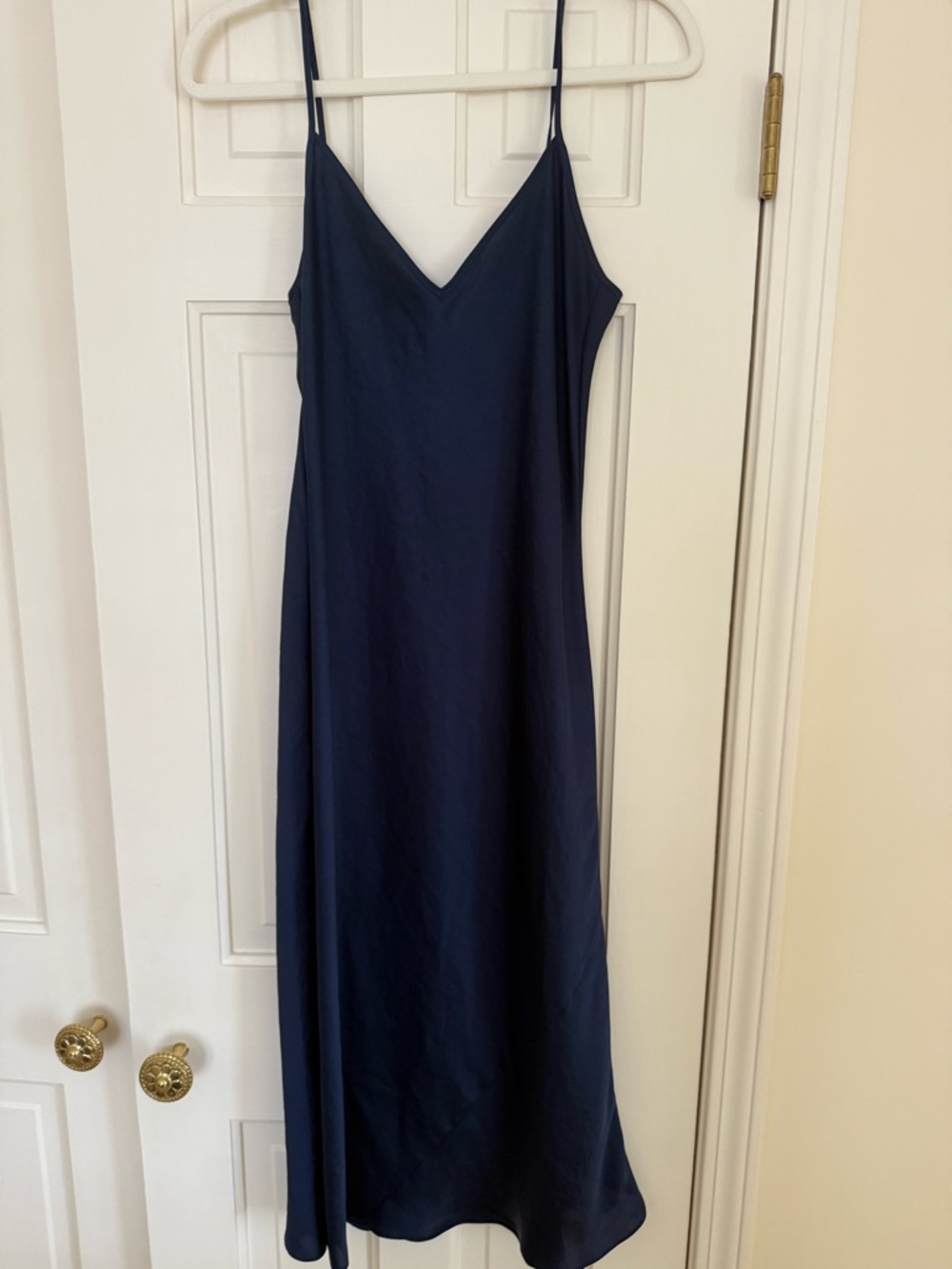 Wilfred Navy Satin Maxi Slip Dress with Spaghetti Straps